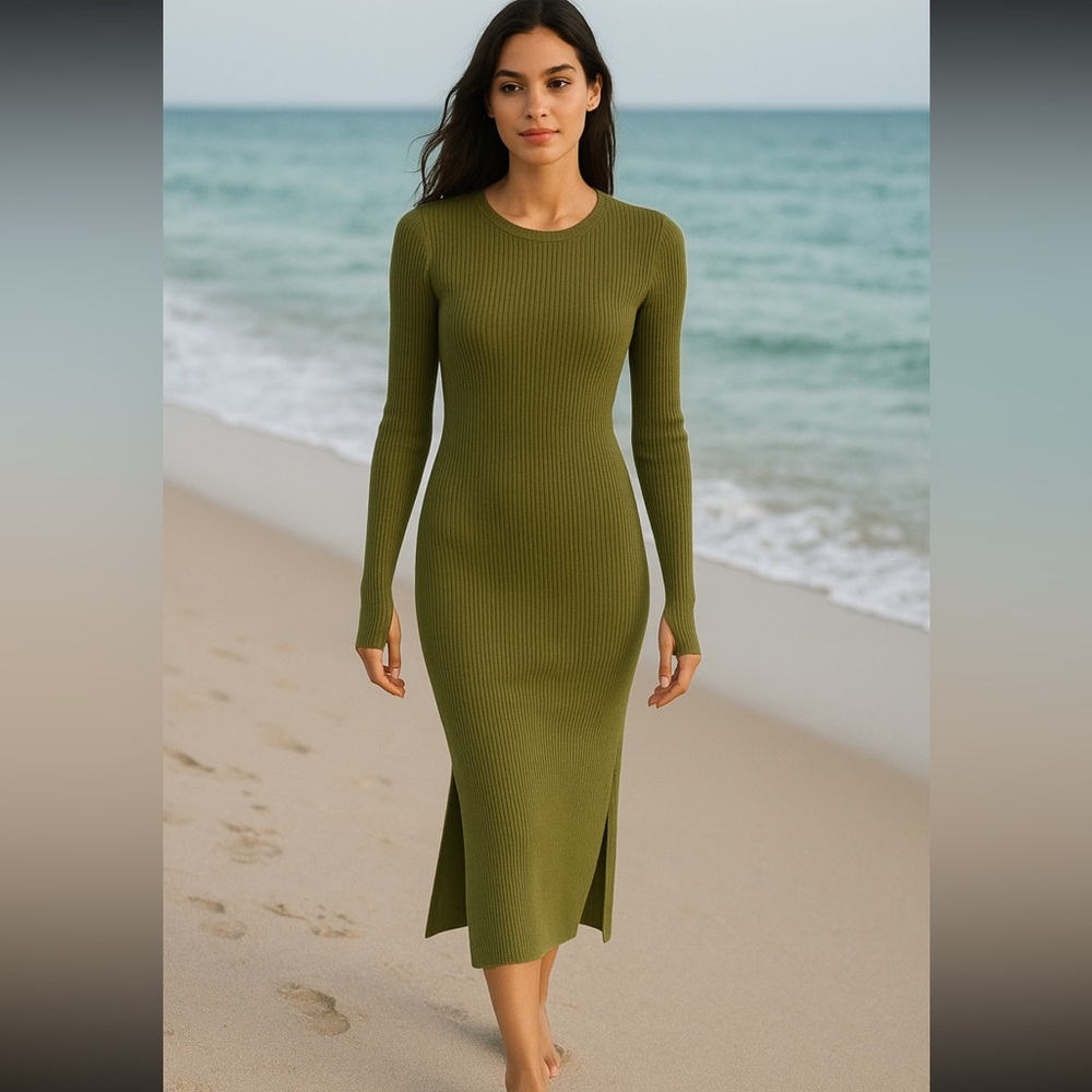 Electric & Rose Dress Robin Midi Dress Long Sleeved Ribbed Olive Green Sz small